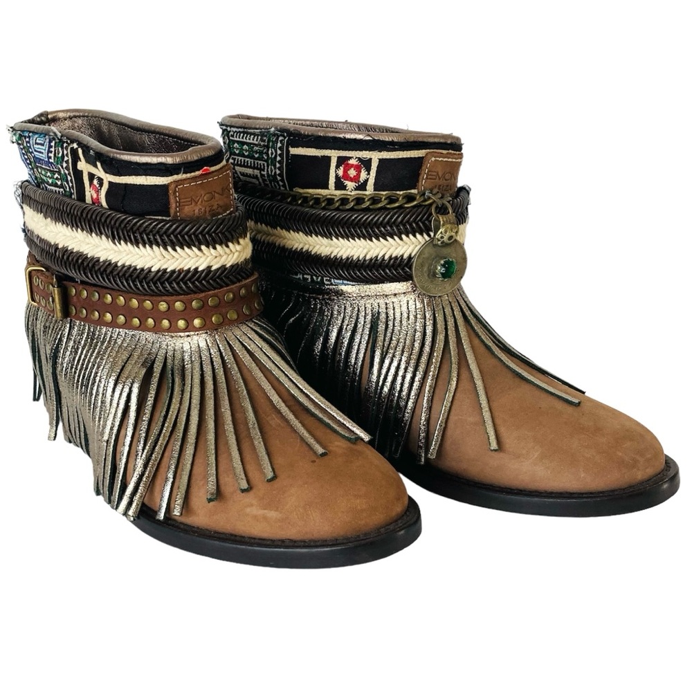 Emonk Ibiza Handmade Boho Tan Suede Fringe Ankle Boots EU 37